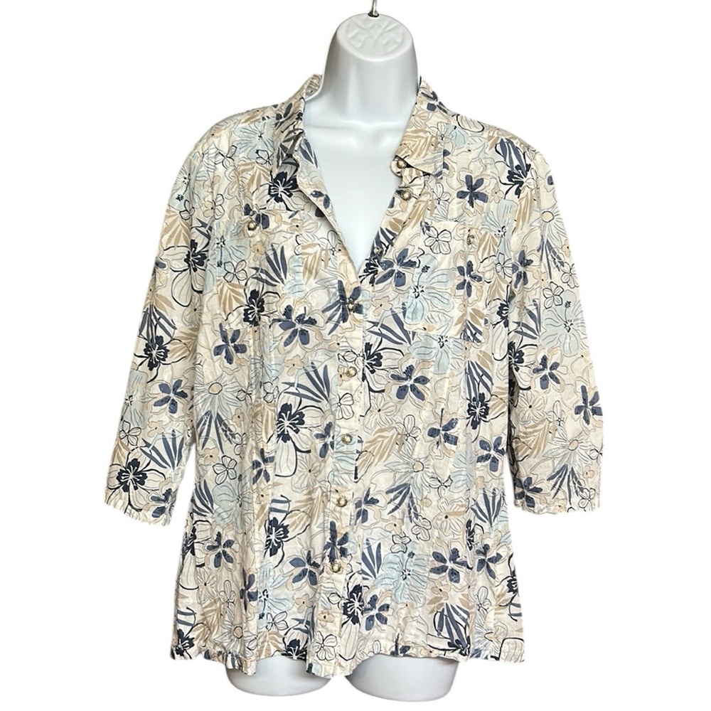 Click Collection Blue Floral Pretty Button Cotton Blouse Size 14
